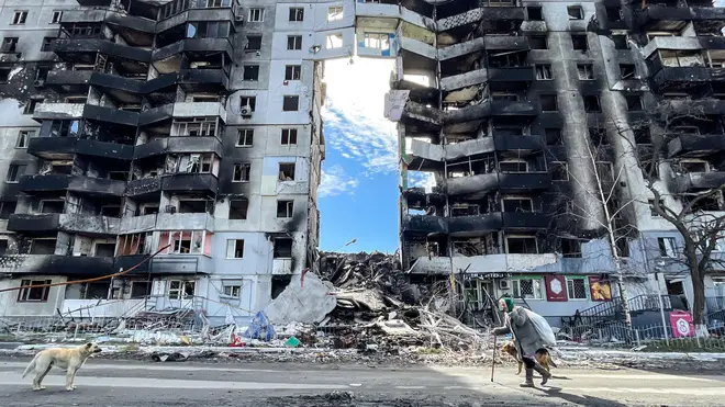 An elderly woman with her dogs walk past a damaged residential buildings by a Russian air strike