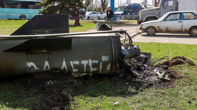 The remains of a rocket with the Russian lettering "for our children"