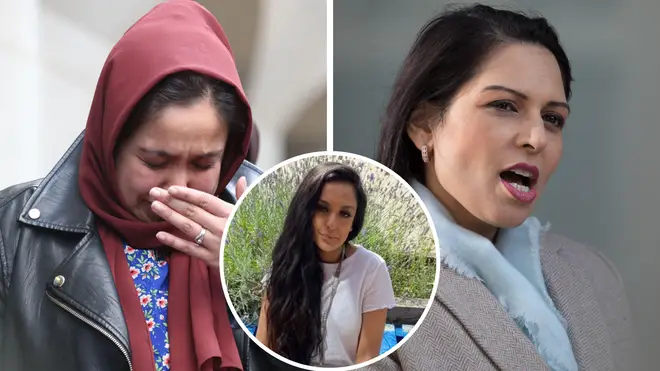 Jebina Yasmin Islam (left) has hit out at Priti Patel for her response to the murder of her sister Sabina Nessa (centre)