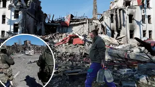 Destroyed buildings in Mariupol. Inset: Pro-Russian soldiers in the city