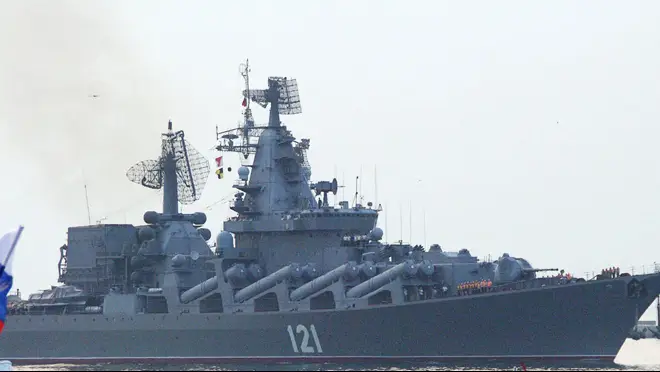 Ukrainian authorities today claimed to have destroyed the Russian naval vessel Moskva (pictured) with two missiles, although Moscow said the warship was ruined in a fire onboard.
