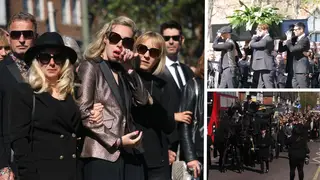 Tom Parker's wife Kelsey, left, and his The Wanted bandmates carry his coffin