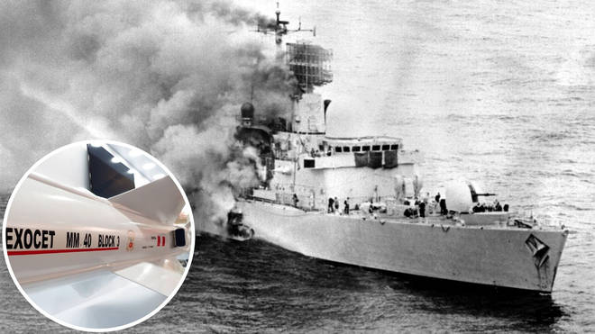 HMS Sheffield sank 40 years ago today. Inset: An Exocet missile