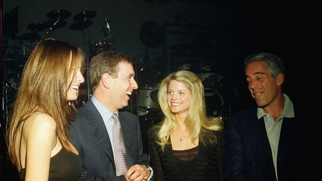 Melania Trump, Prince Andrew, Gwendolyn Beck and Jeffrey Epstein at a party at the Mar-a-Lago club