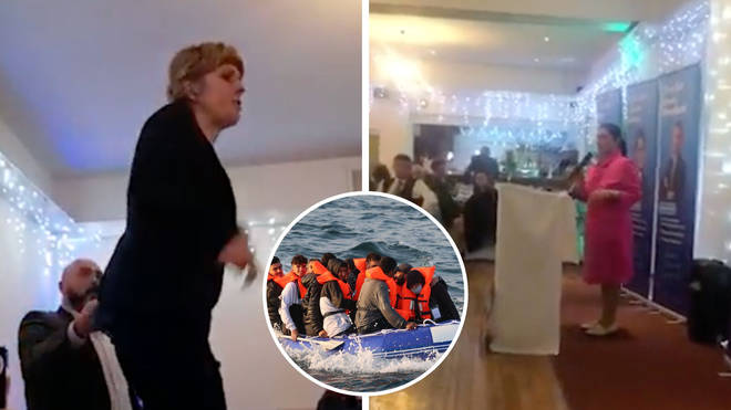 A group of eco protesters ambushed Priti Patel's speech at a Tory dinner.