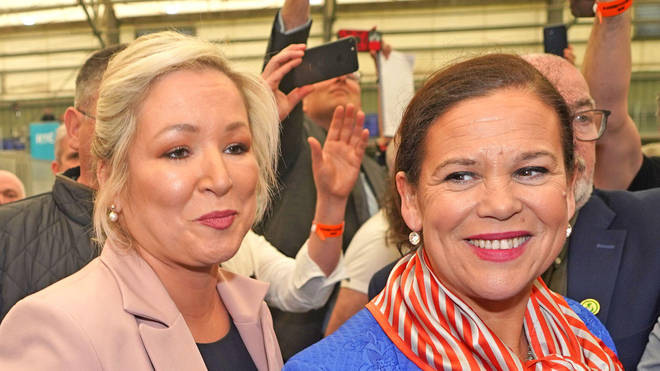 Sinn Fein leader Mary Lou McDonald (right) and Michelle O'Neill (left) arrive at the Northern Ireland Assembly Election count centre