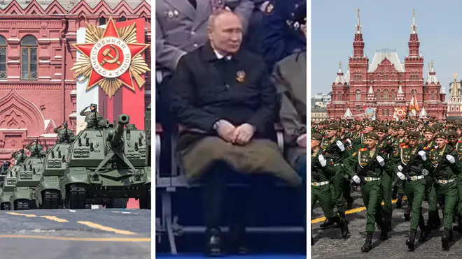 Vladimir Putin appeared to be limping as he huddled under a blanket during a military parade on Russia's Victory Day.