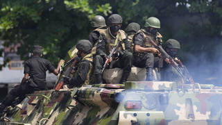Sri Lankan army soldiers patrol during curfew in Colombo, Sri Lanka