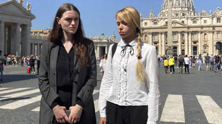 Kateryna Prokopenko, right, wife of Azov Regiment Commander Denys Prokopenko, and Yuliia Fedosiuk, both from Ukraine, talk to the Associated Press at the end of the weekly general audience where they met Pope Francis in St Peter’s Square at the Vatican