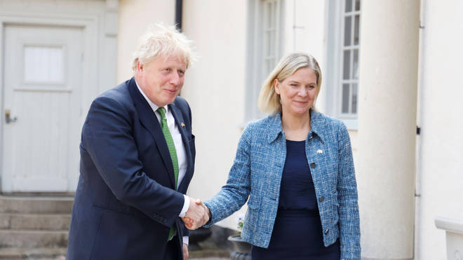 Sweden’s Prime Minister Magdalena Andersson receives Prime Minister Boris Johnson at Harpsund, Sweden