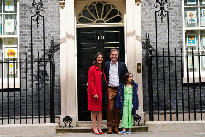 with her husband RICHARD and daughter GABRIELLA AND LABOUR MP TULIP SIDDIQ is seen outside 10 Downing Street before meeting UK Prime Minister Boris Johnson