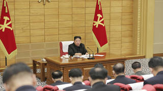 North Korean leader Kim Jong Un attends a meeting on anti-virus strategies in Pyongyang on Saturday
