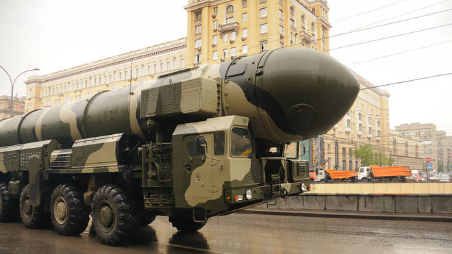 Modern ballistic nuclear rockets on rehearsal of military parade in Moscow