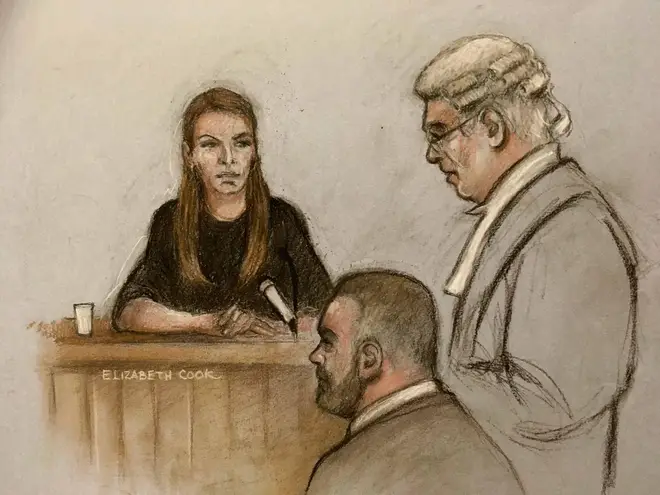 A court sketching of Coleen Rooney and husband Wayne with barrister Hugh Tomlinson QC, counsel for Rebekah Vardy (right) as she gives evidence at the Royal Courts Of Justice, London, during the high-profile libel battle between herself and Rebekah Vardy.