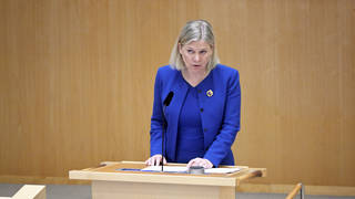 Prime Minister Magdalena Andersson talks during the parliamentary debate on the Swedish application for Nato membership in Stockholm