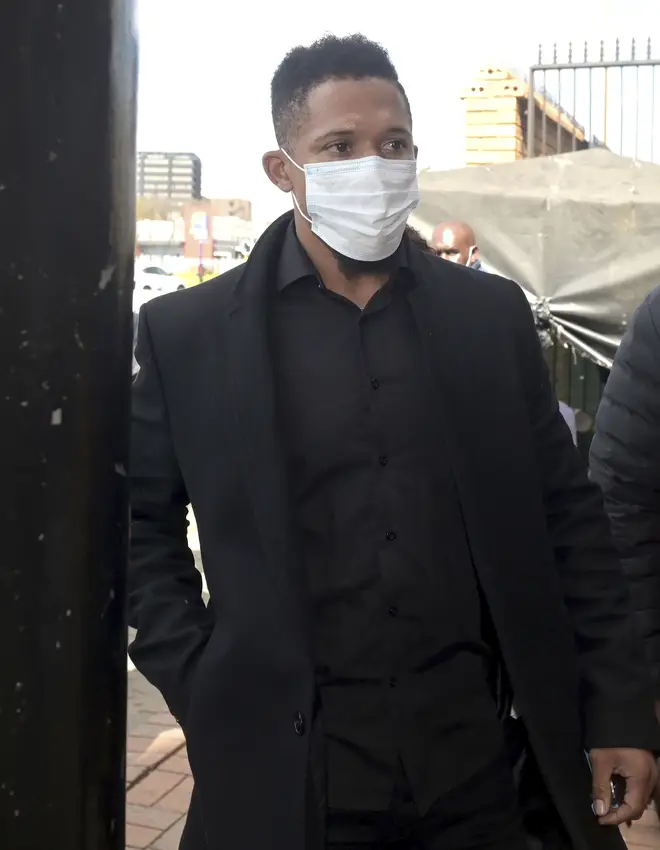South Africa rugby player Elton Jantjies arrives at Kempton Park Magistrates' Court in Johannesburg
