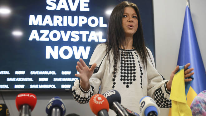 Ruslana, Ukrainian singer and former Eurovision Song Contest winner, speaks during a news conference in Istanbul, Turkey
