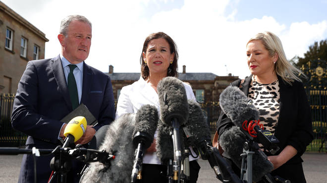 Mr Johnson was accused by Sinn Féin of "taking sides" and prioritising "placating the DUP" following a meeting today with President Mary Lou McDonald (centre) at Hillsborough Castle.