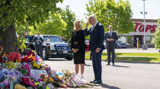 President Joe Biden and first lady Jill Biden visit the scene of a shooting at a supermarket to pay respects and speak to families of the victims of Saturday’s shooting in Buffalo, New York (Andrew Harnik/AP)