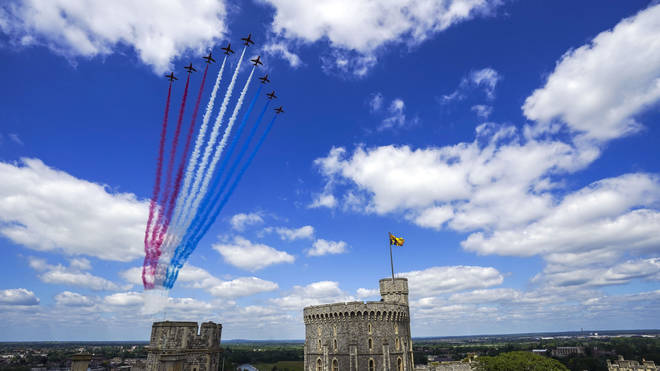 The Red Arrows conducting a flypast in 2021.