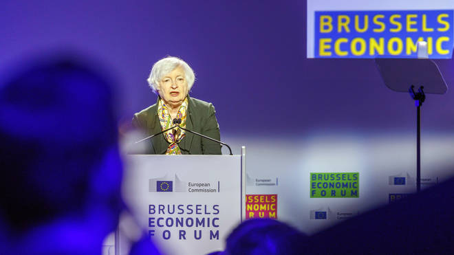 US Treasury Secretary Janet Yellen speaking in Brussels