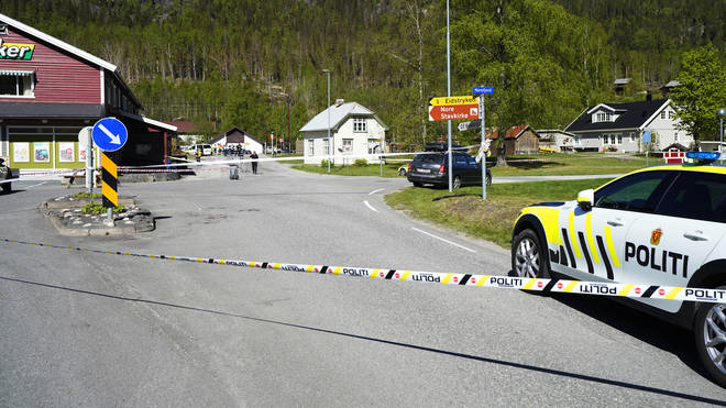 A police car at the scene of a multiple stabbing in Nore, Norway