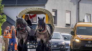 Stephanie Kirchner steers her carriage on the main road through her home town in Germany