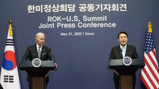 US President Joe Biden listens to South Korean President Yoon Suk Yeol speak during a news conference at the People’s House inside the Ministry of National Defence in Seoul