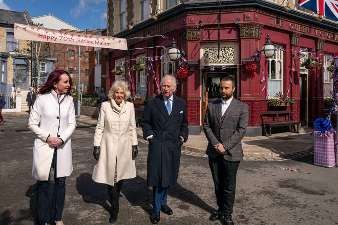 Kate Oates (left), the Duchess of Cornwall, the Prince of Wales and Chris Clenshaw (right) during a visit to the set of EastEnders.