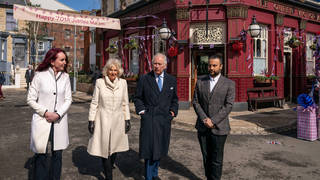 Kate Oates (left), the Duchess of Cornwall, the Prince of Wales and Chris Clenshaw (right) during a visit to the set of EastEnders.