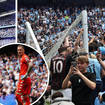 Two football fans have been charged over an incident at Manchester City's Etihad stadium on Sunday.