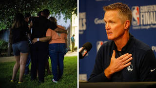 Top US basketball coach Steve Kerr (right) condemned gun violence in his pre-game speech following the Texas school shooting.