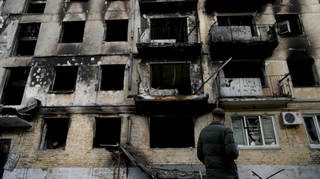 A damaged building ruined by attacks in Hostomel, outskirts Kyiv, Ukraine (Natacha Pisarenko/AP)