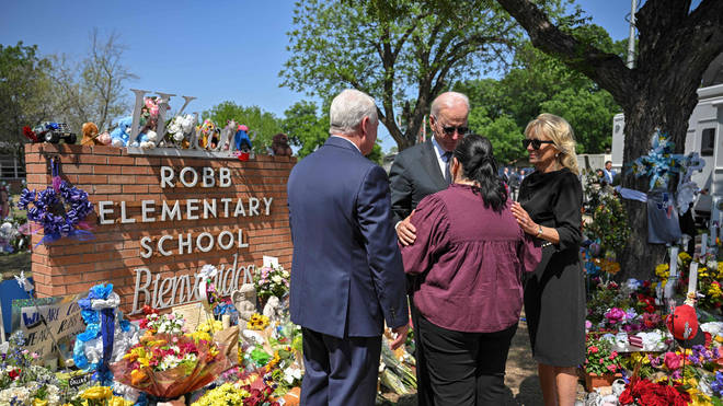 President Joe Biden and First Lady Jill Biden greet Mandy Gutierrez, the Principle of Robb Elementary School