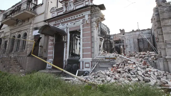 A view of a building destroyed during fighting in Mariupol