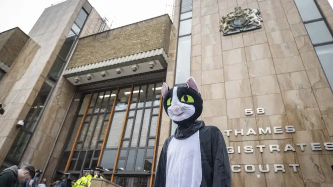 A person dressed as a cat outside court