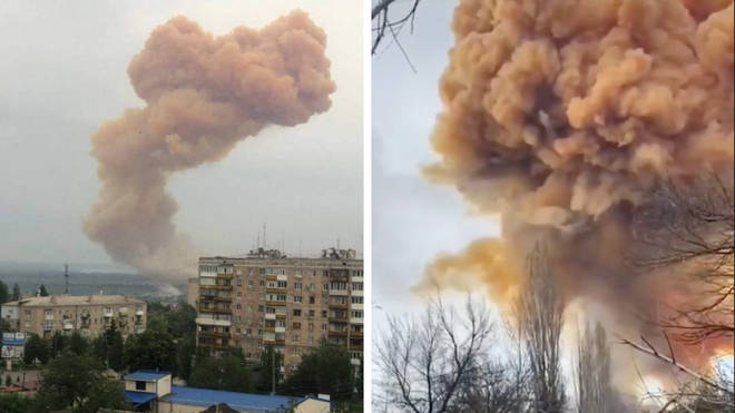 An orange mushroom cloud has been filmed rising over Azot fertiliser factory in Severodonetsk in eastern Ukraine.