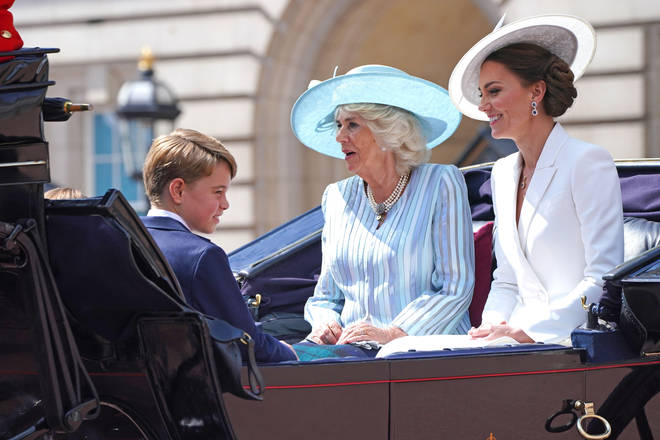 The carriages, led by the Duchess of Cornwall, the Duchess of Cambridge and her children Prince George, Princess Charlotte and Prince Louis, moved down the Mall towards Horse Guards Parade to whoops and cheers from the crowds.
