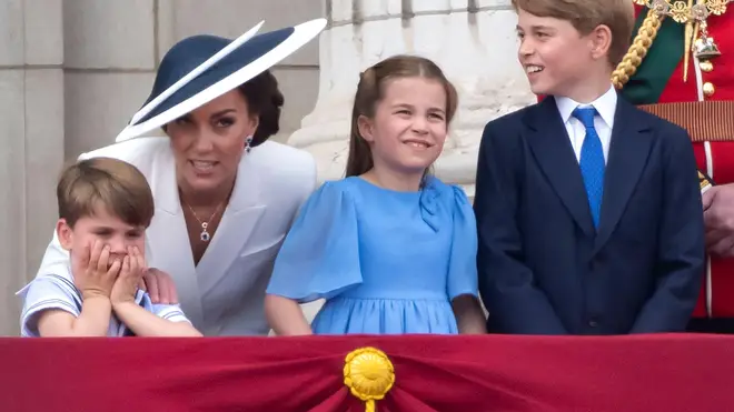 Queen Elizabeth II , Prince Louis, the Duchess of Cornwall and Princess Charlotte on the balcony of Buckingham Palace, to view the Platinum Jubilee flypast