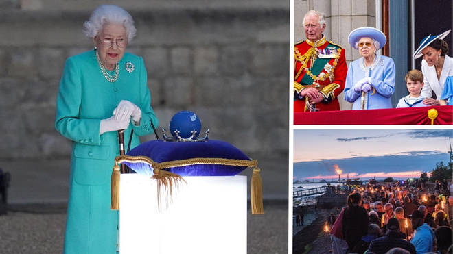 The Queen lit a beacon to mark her 70 years on the throne as fires were lit around the country
