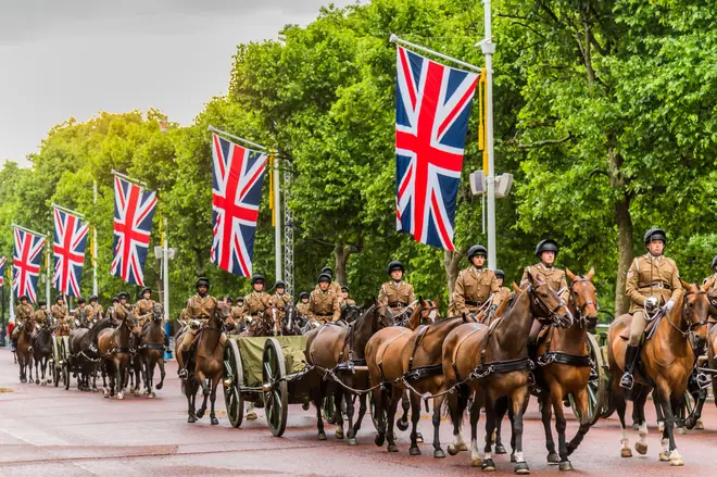 Kings Troop RHA pass down the Mall as part of a Pageant rehearsal on May 31