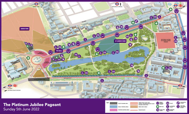 The route the Pageant will take, with public viewing areas shown in dark blue, and screens marked
