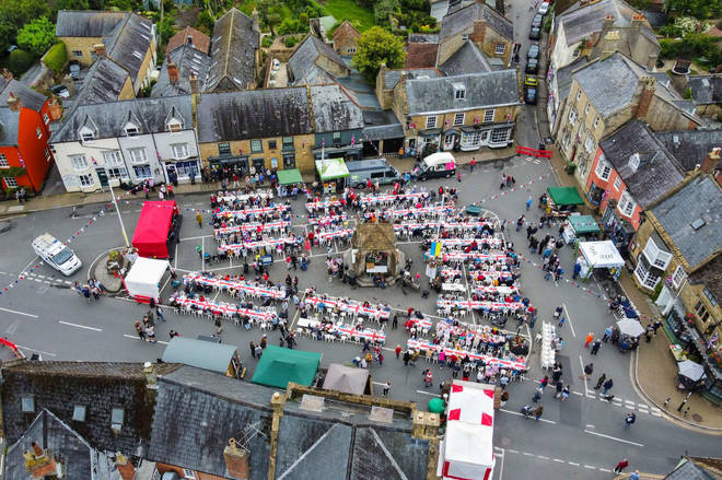 View from the air of the Platinum Jubilee street party in the square at Beaminster