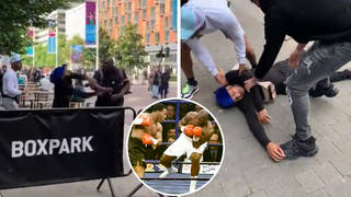 A former British heavyweight boxer was captured on video knocking out a rowdy customer at BoxPark