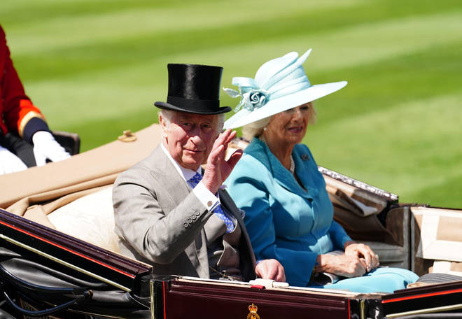 The Prince of Wales, The Duchess of Cornwall and Mr. Peter Phillips arriving by carriage during the Royal Procession ahead of day one of Royal Ascot.