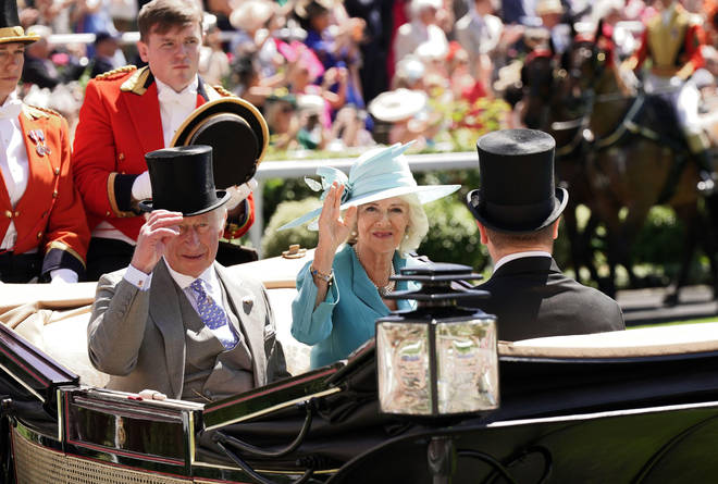The Prince of Wales, The Duchess of Cornwall and Mr. Peter Phillips arriving by carriage during the Royal Procession.