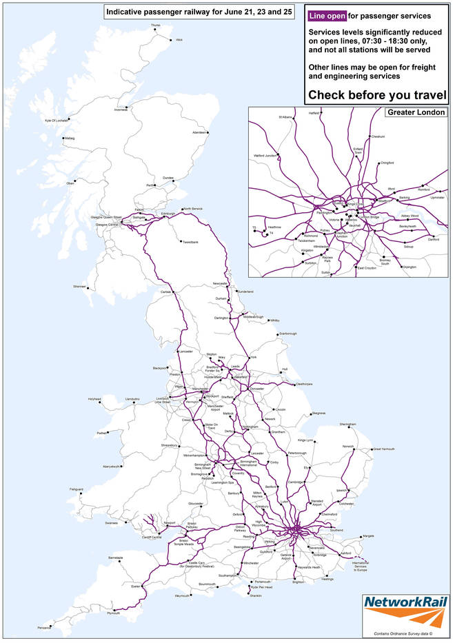 Map showing the open lines (purple) on June 21, 23 and 25. Not all stations will be served, and service levels will be significantly reduced on open lines, from 7.30am to 6.30pm only.