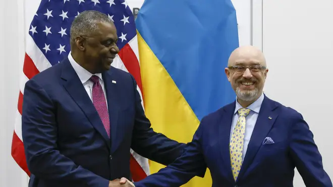 US defence secretary Lloyd Austin, left, shakes hands with Ukraine’s defence minister Oleksii Reznikov