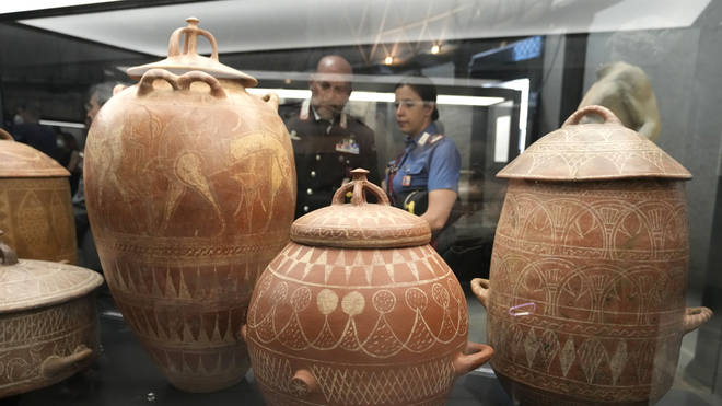 Etruscan jars displayed in the new Museum of Rescued Art in Rome,