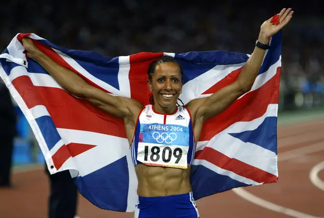 Great Britain's gold medal winner Kelly Holmes celebrates winning the 800m at the Olympic Stadium during the Olympic Games in Athens, Greece, in 2004.